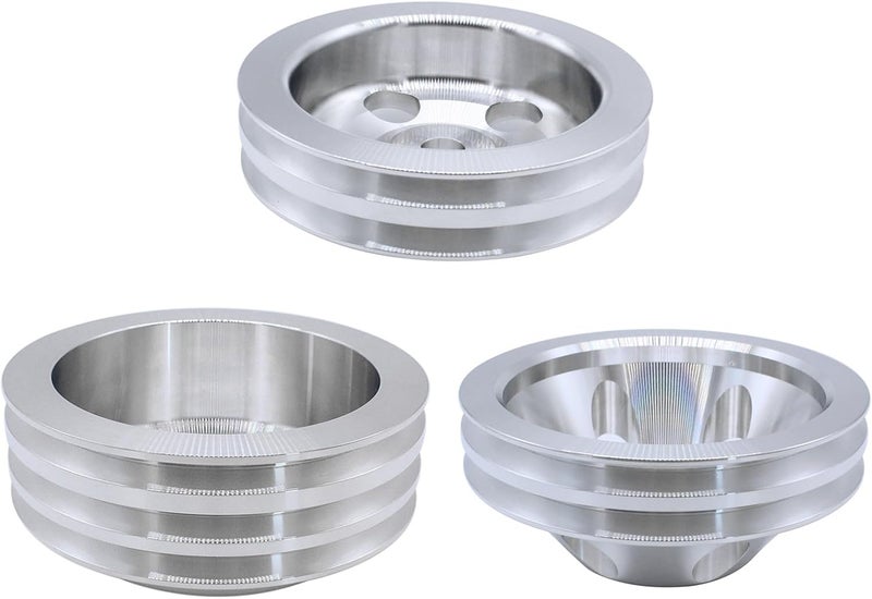 Prefer Warehouse Chrome 3Pcs Polished Aluminum Power Steering and Water Pump and Crankshaft Pulley 3/2 Groove Kit Compatible with SBC Chevy 265 283 305 327 350 383 400 V8 Long Water Pump - Image 2